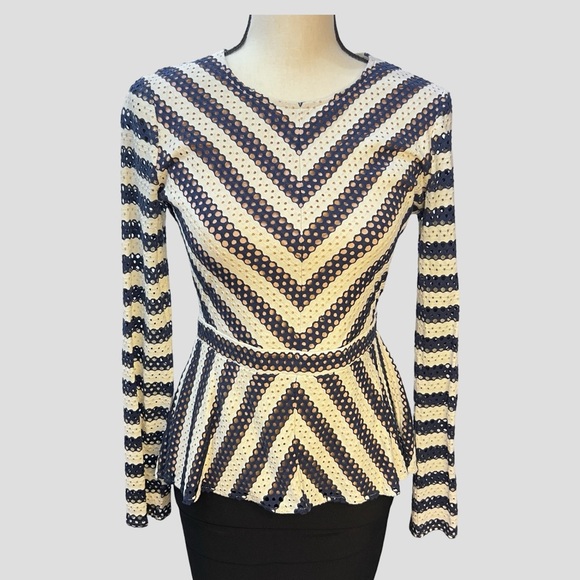 BCBGMaxAzria Tops - BCBMAXAZRIA Franseen Lace Stripe Peplum Top.